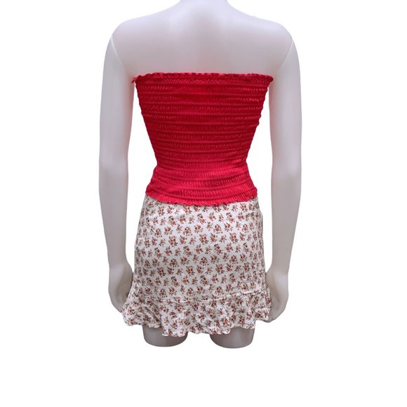 White Floral Ruffle Mini Skirt with Red Flowers High Waist Hollister Small - Picture 8 of 11